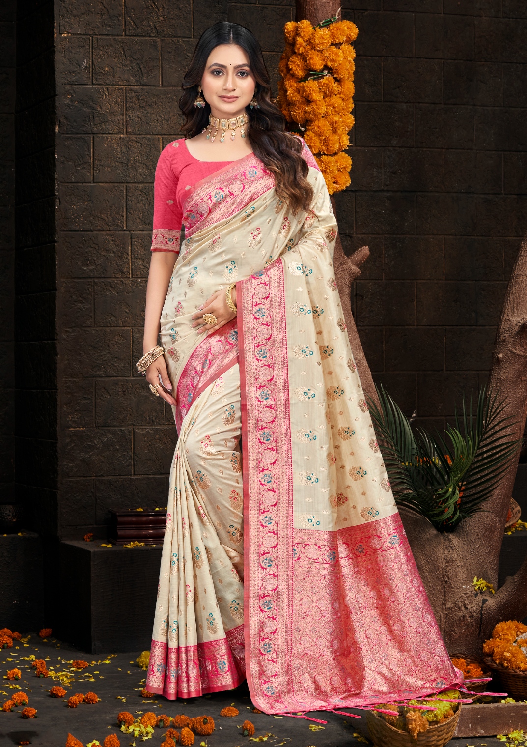 Ivory Cream Coral Pink Silk Woven Designer Saree