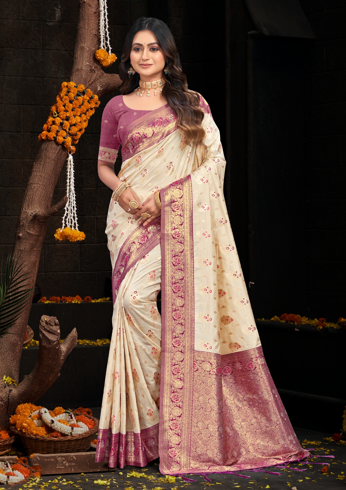 Ivory Cream Dusty Rani Pink Silk Saree