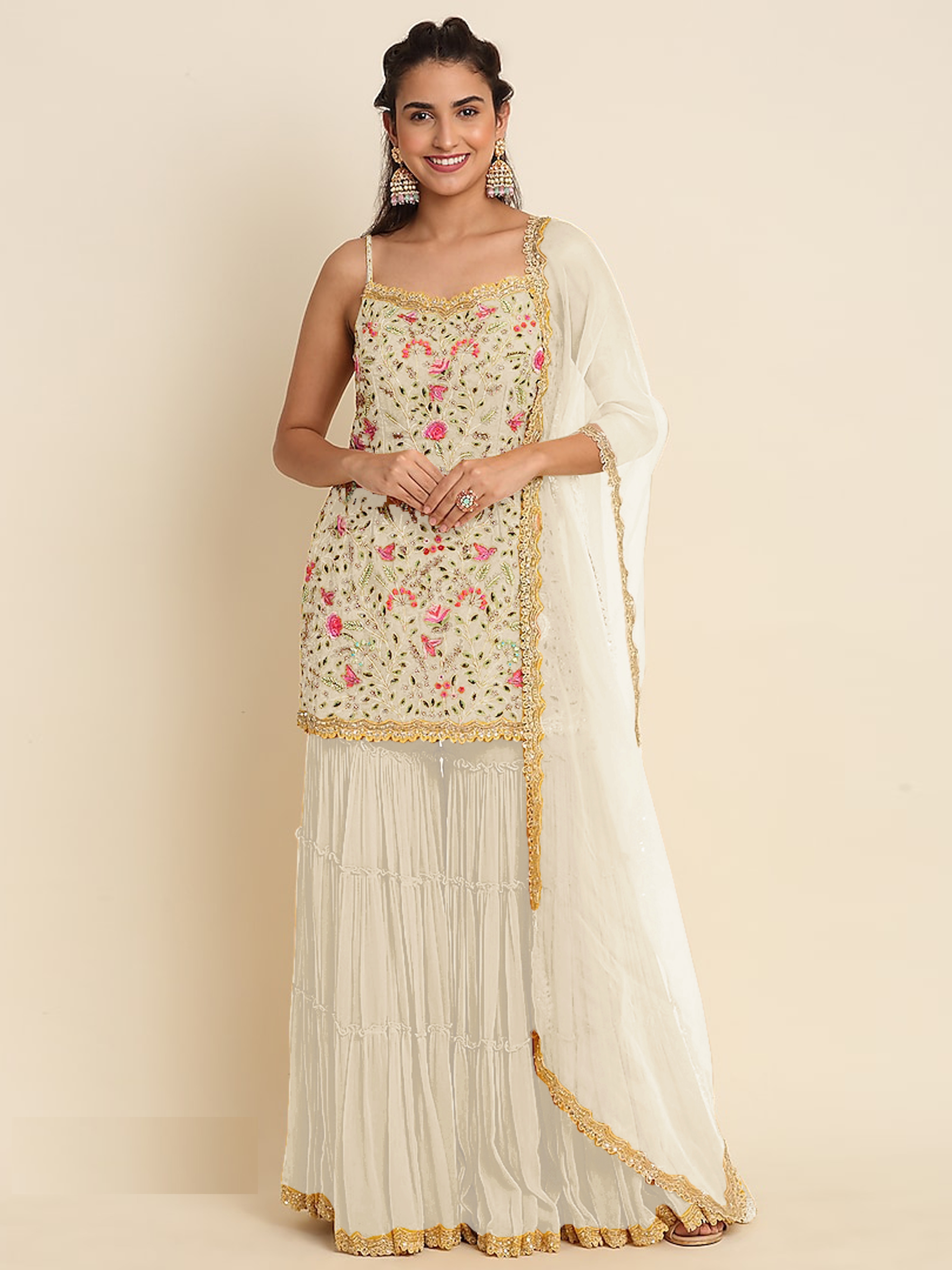 Ivory Cream Embroidered Georgette Sharara Suit