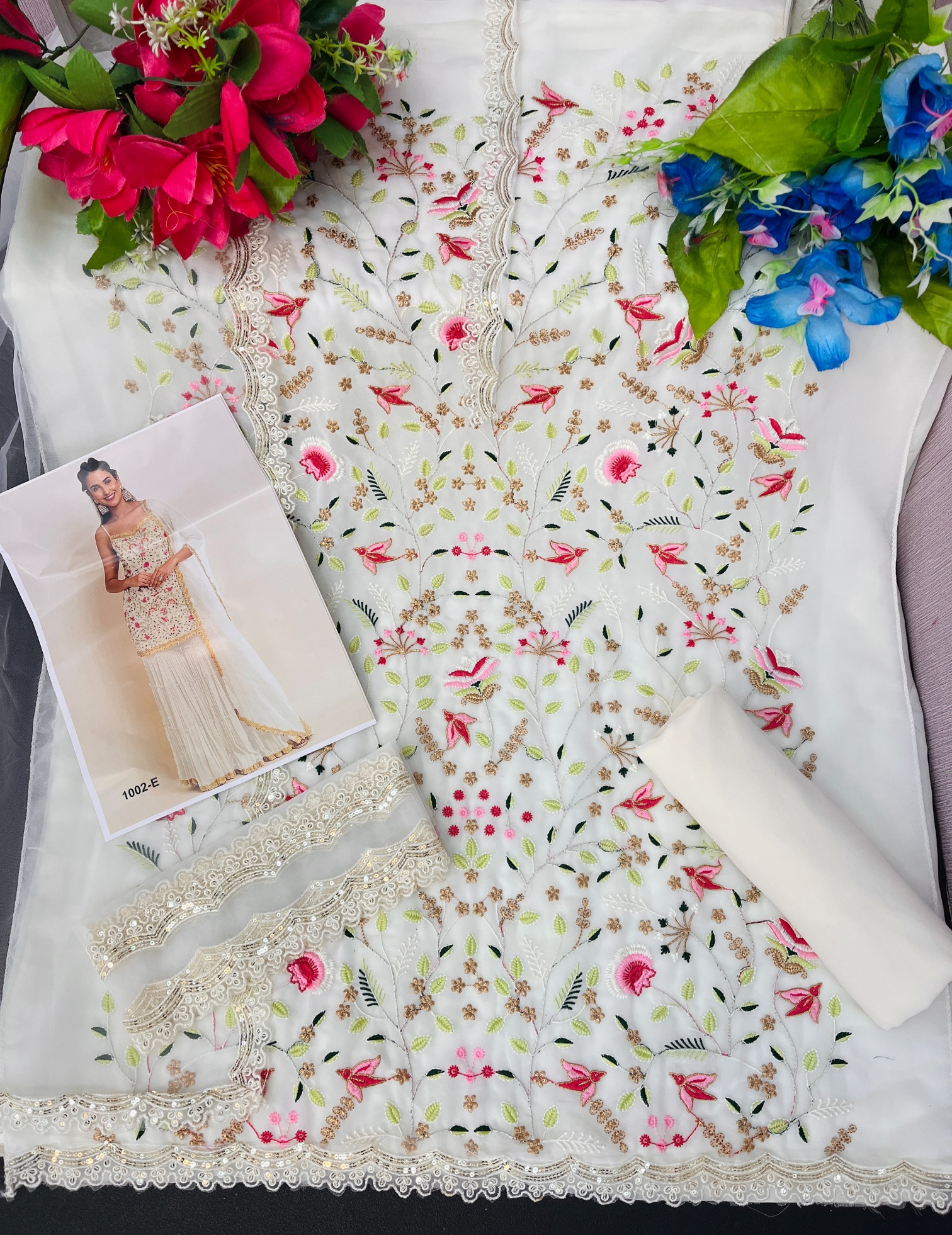 Ivory Cream Embroidered Georgette Sharara Suit