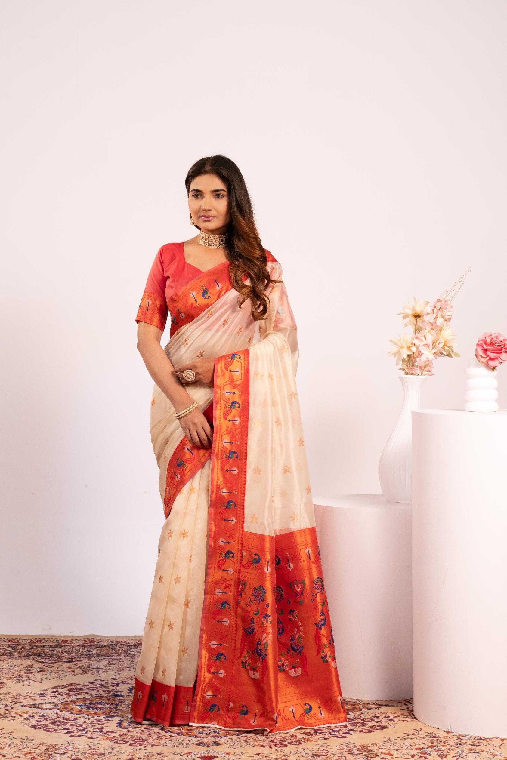 Ivory Cream Heritage Paithani Tissue Silk Saree