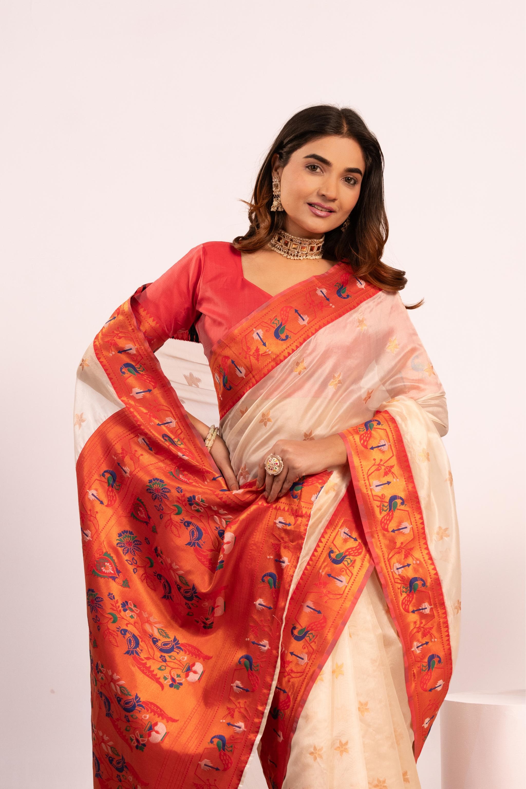 Ivory Cream Heritage Paithani Tissue Silk Saree