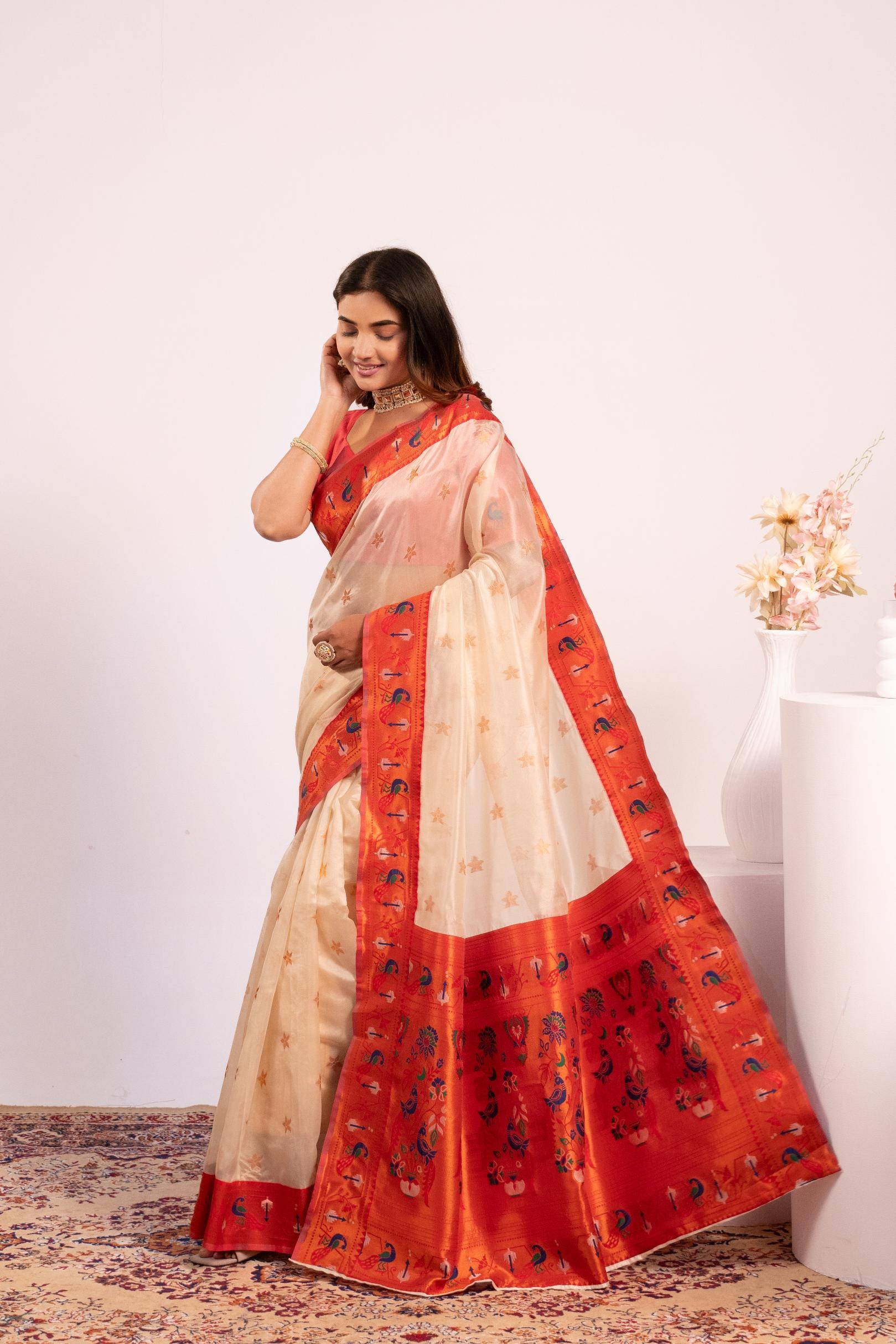 Ivory Cream Heritage Paithani Tissue Silk Saree