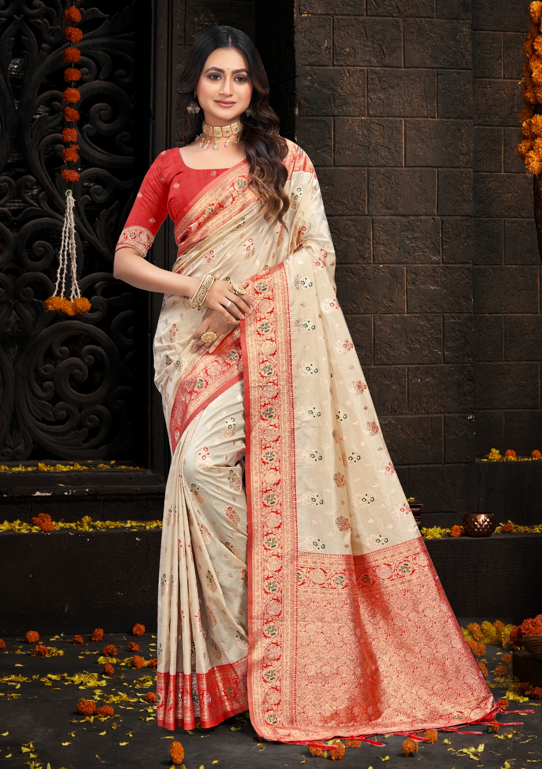 Ivory Cream Red Silk Woven Designer Saree