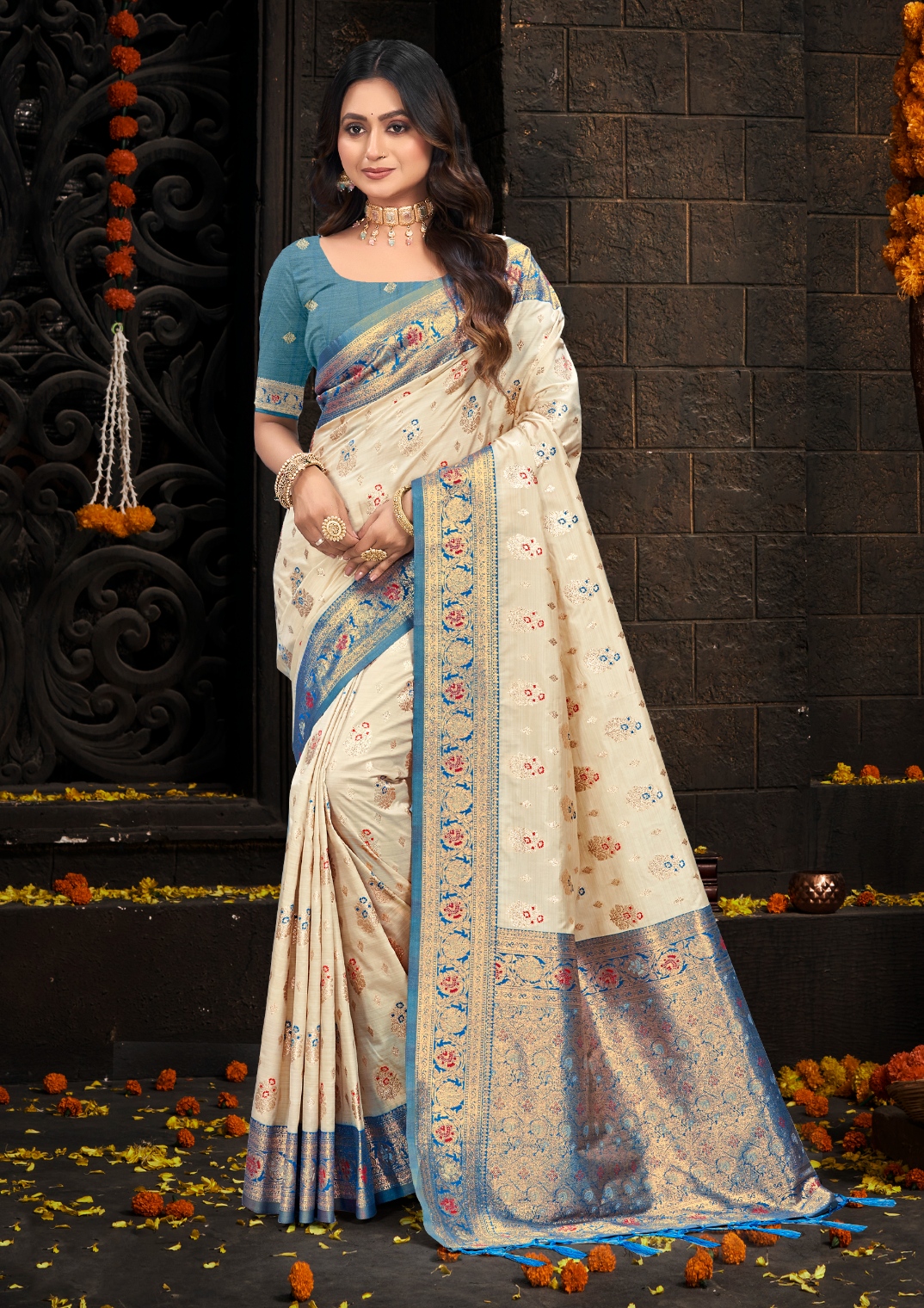 Ivory Cream Teal Blue Silk Woven Designer Saree