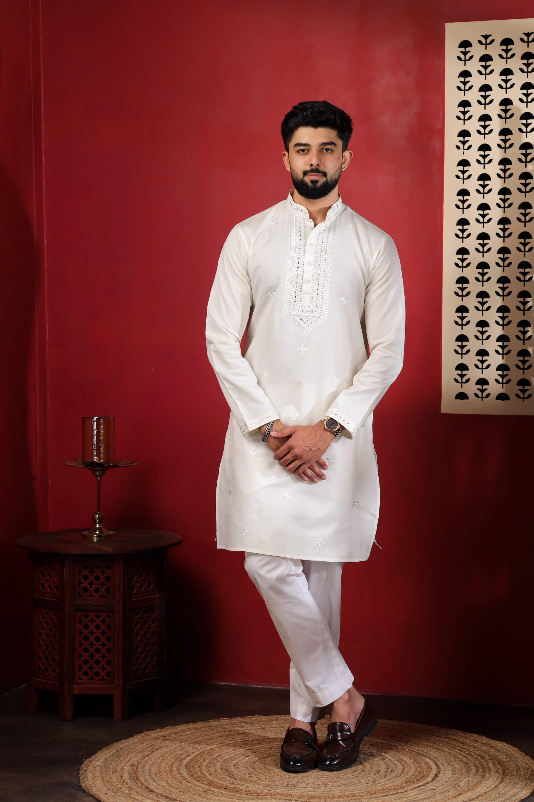 Ivory Embroidered Cotton Kurta Pyjama