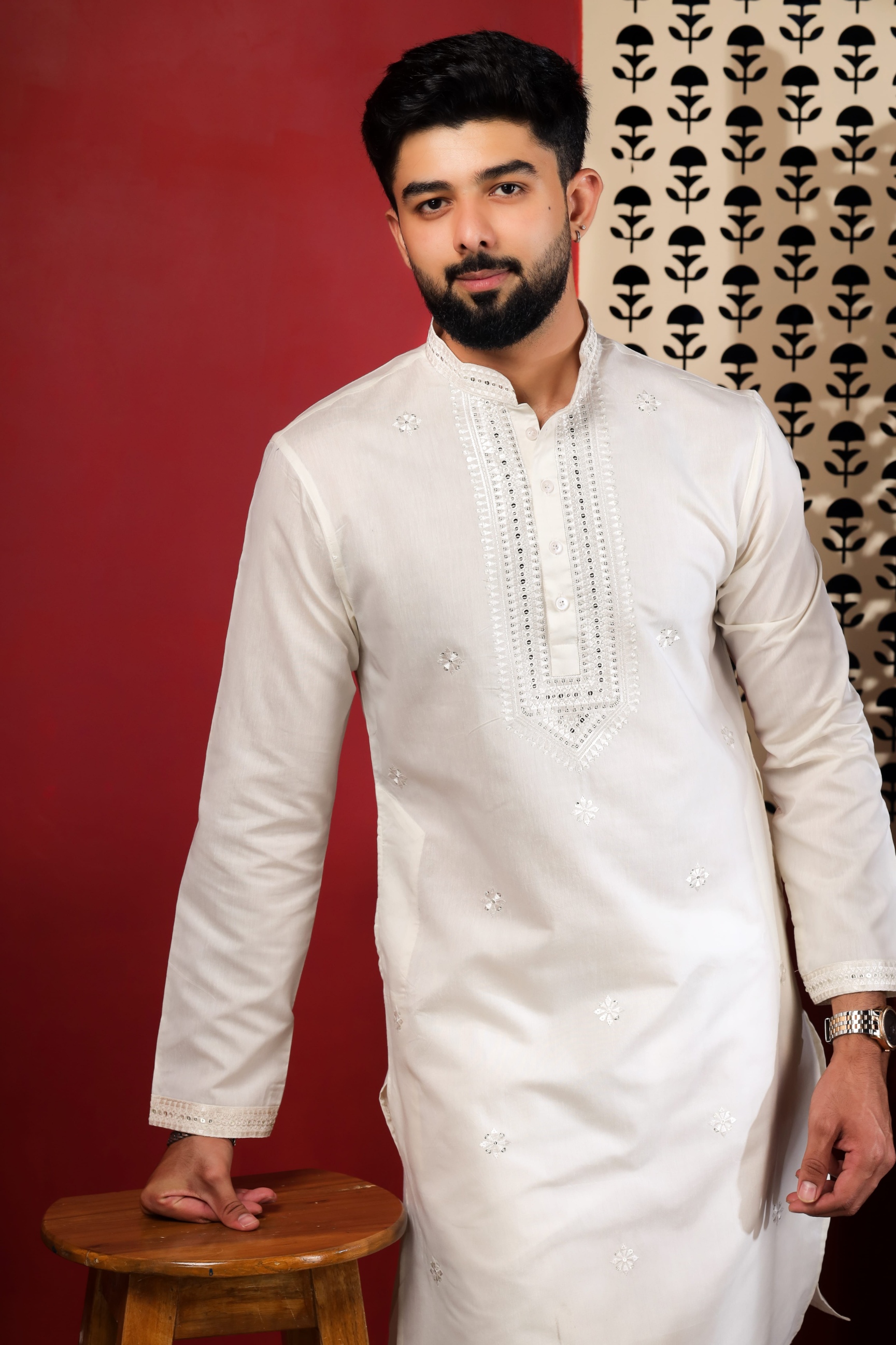 Ivory Embroidered Cotton Kurta Pyjama