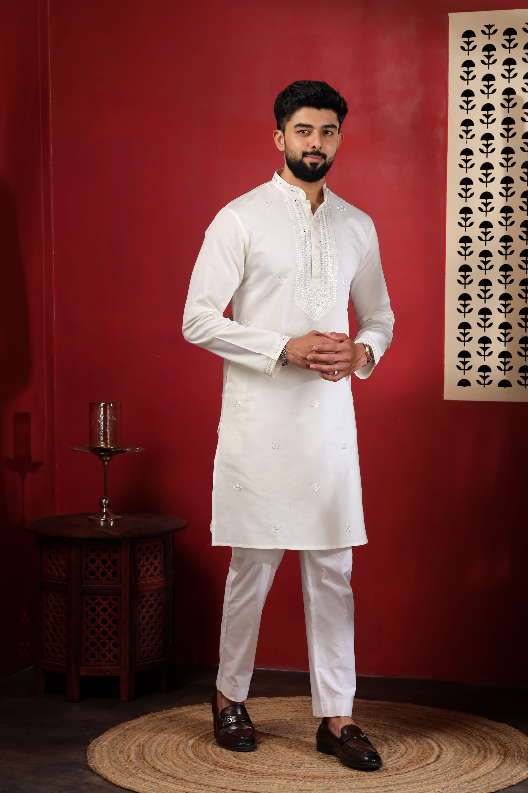Ivory Embroidered Cotton Kurta Pyjama