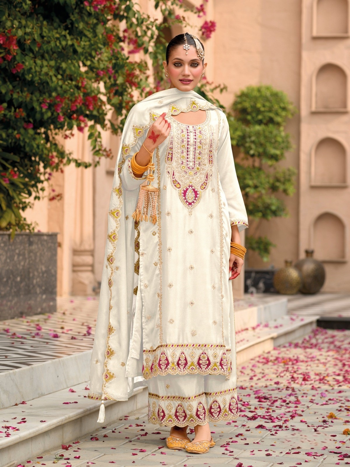 Ivory Floral Embroidered Chinon Palazzo Suit