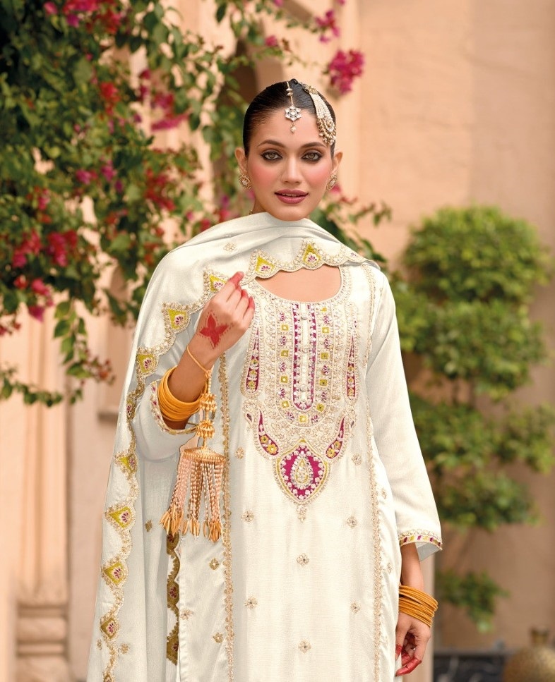 Ivory Floral Embroidered Chinon Palazzo Suit