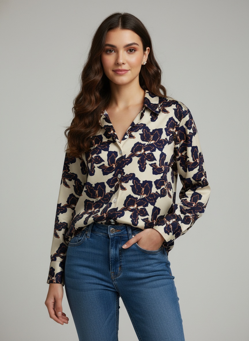 Ivory Floral Printed Satin Shirt