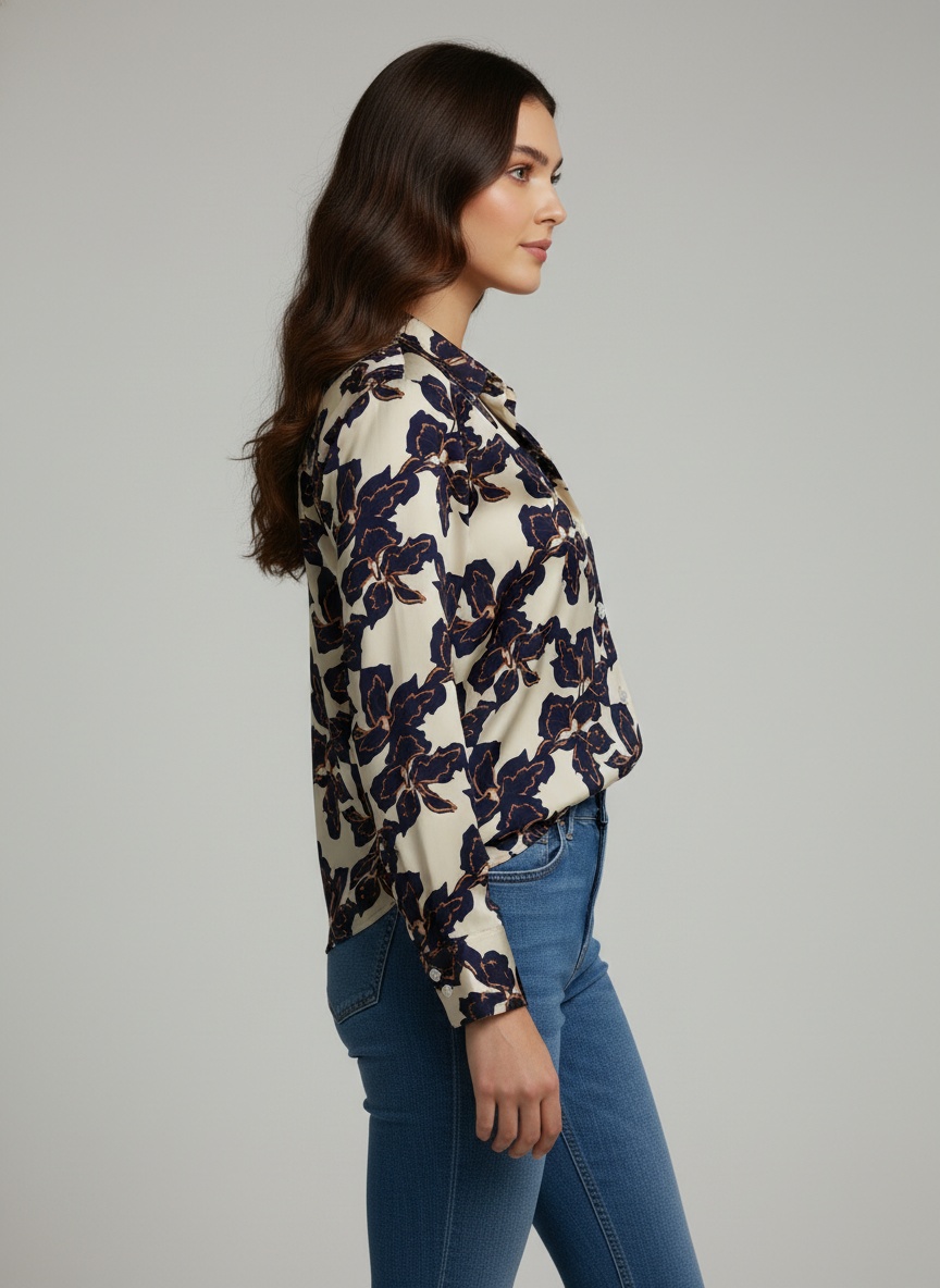 Ivory Floral Printed Satin Shirt