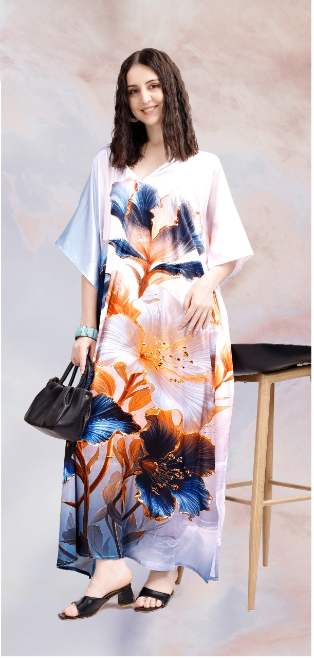 Ivory Iris Digital Printed Poly Japan Satin Kaftan