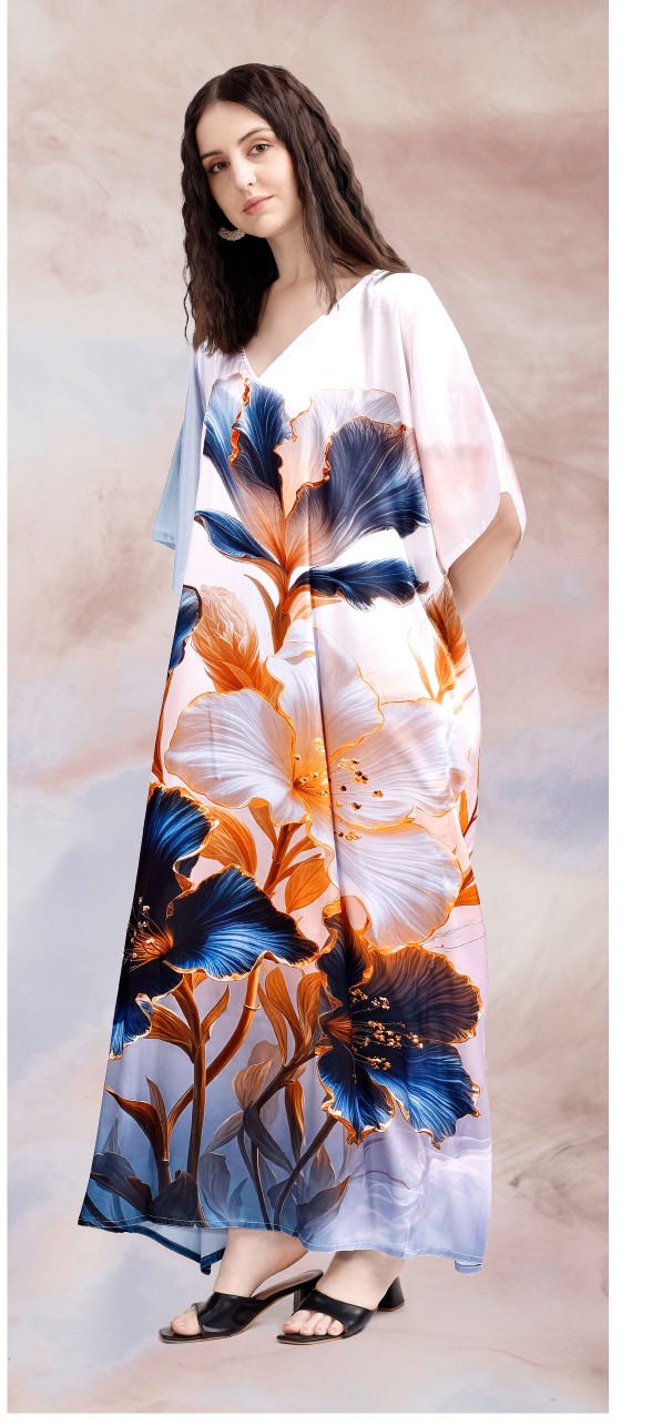 Ivory Iris Digital Printed Poly Japan Satin Kaftan