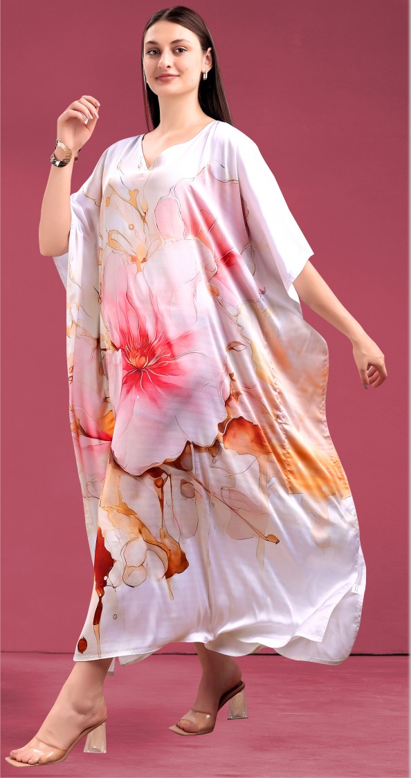 Ivory Red Floral Printed Poly Japan Satin Kaftan