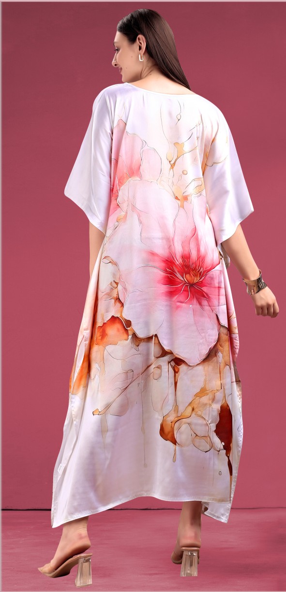 Ivory Red Floral Printed Poly Japan Satin Kaftan
