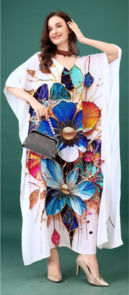 Ivory Sapphire Floral Digital Printed Feather Silk Kaftan
