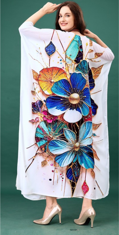Ivory Sapphire Floral Digital Printed Feather Silk Kaftan — alternate view