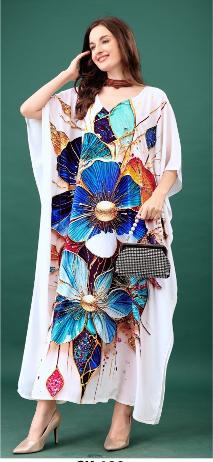Ivory Sapphire Floral Digital Printed Feather Silk Kaftan
