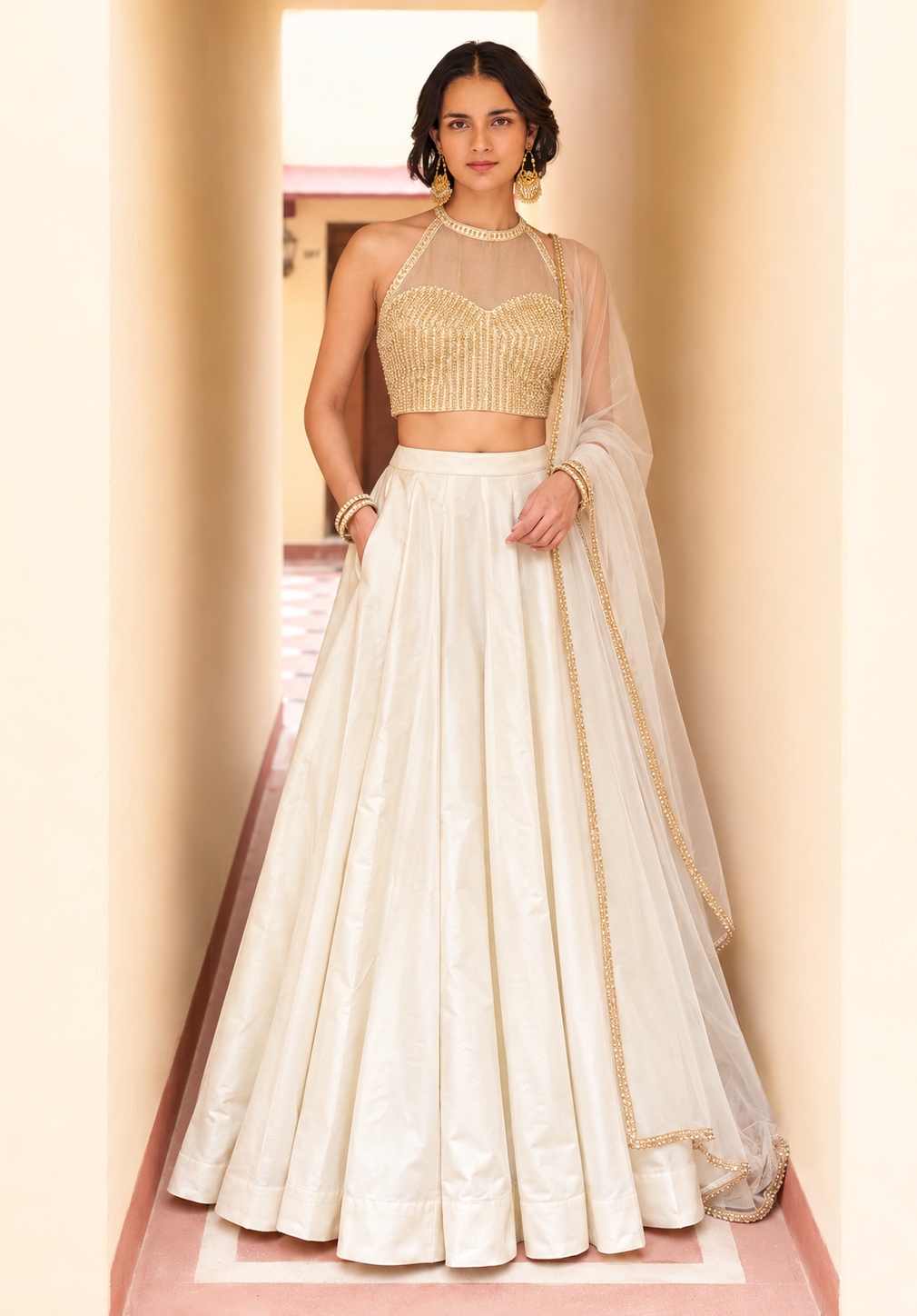 Ivory Sequins Embroidery Roman Silk Lehenga Choli