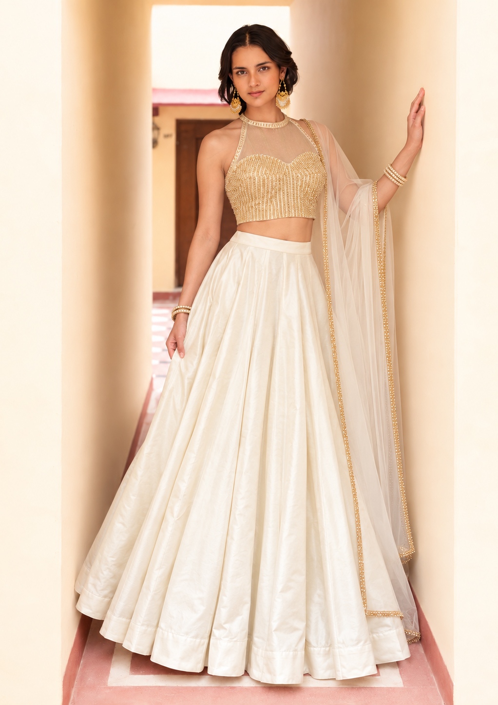 Ivory Sequins Embroidery Roman Silk Lehenga Choli
