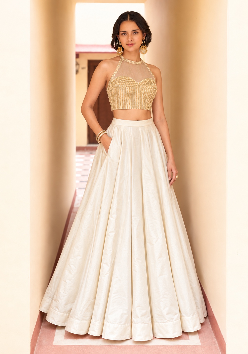 Ivory Sequins Embroidery Roman Silk Lehenga Choli