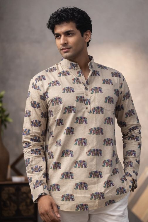 Ivory Subtle Printed Linen Kurta