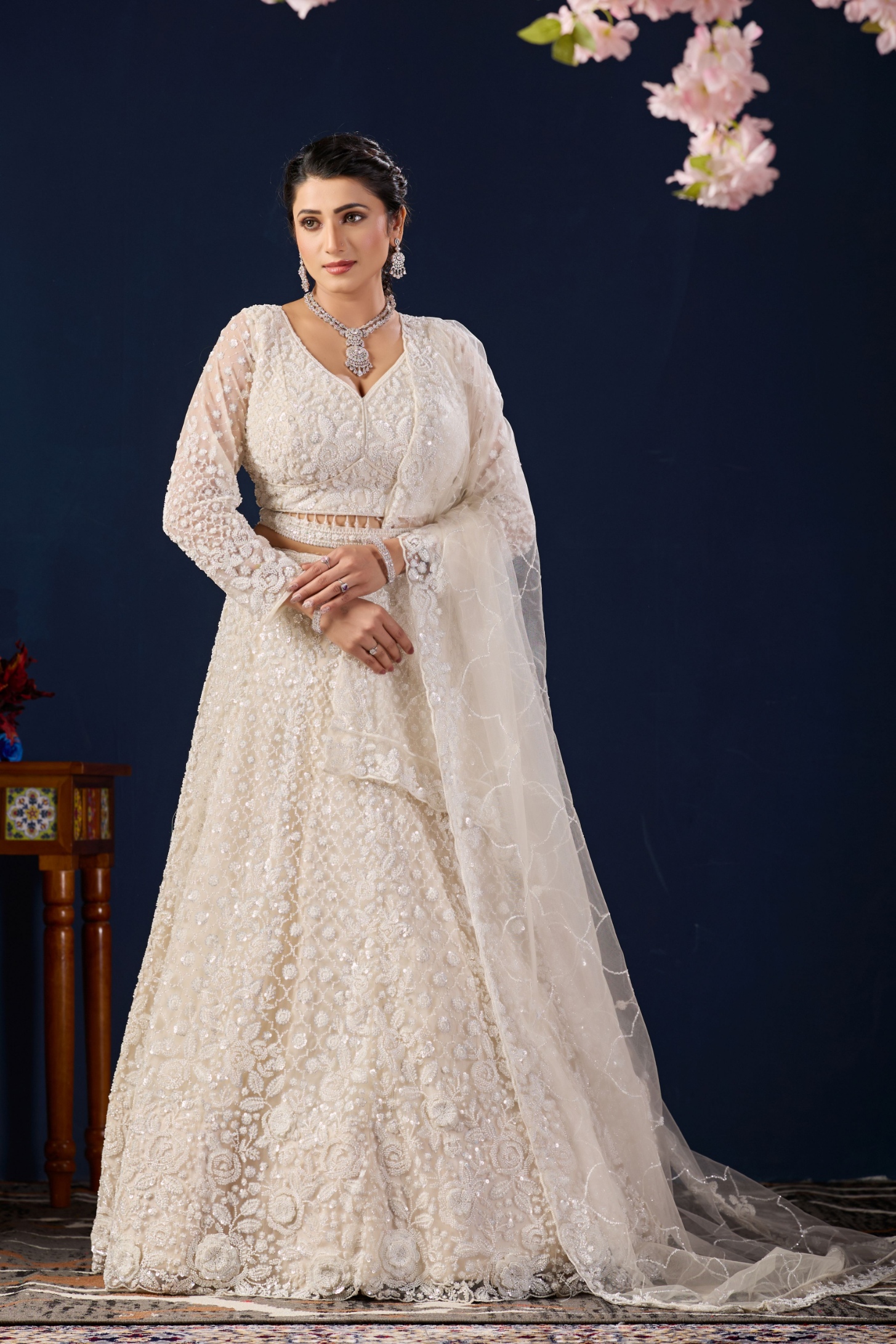 Ivory White Floral Embroidered Net Lehenga Choli