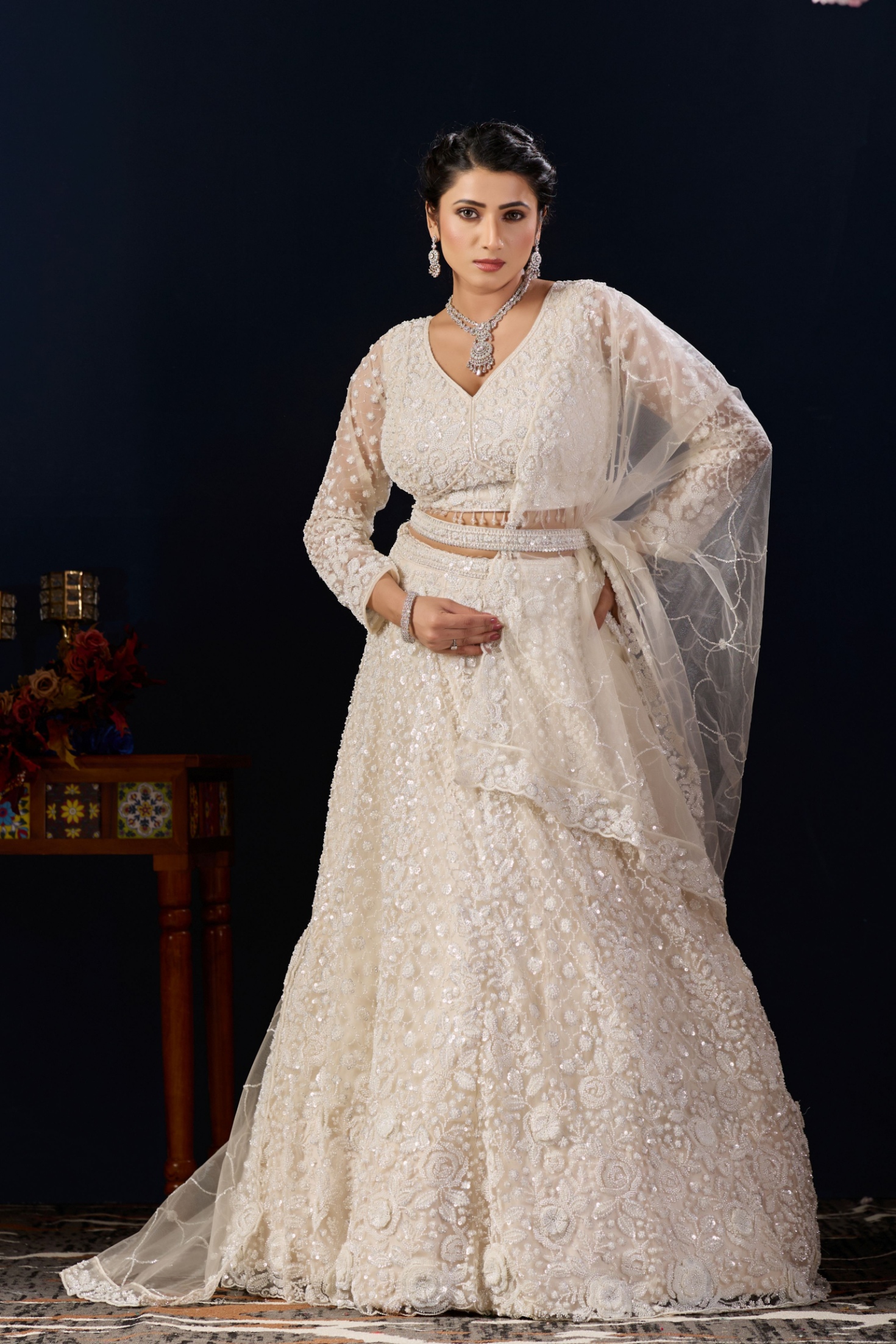 Ivory White Floral Embroidered Net Lehenga Choli