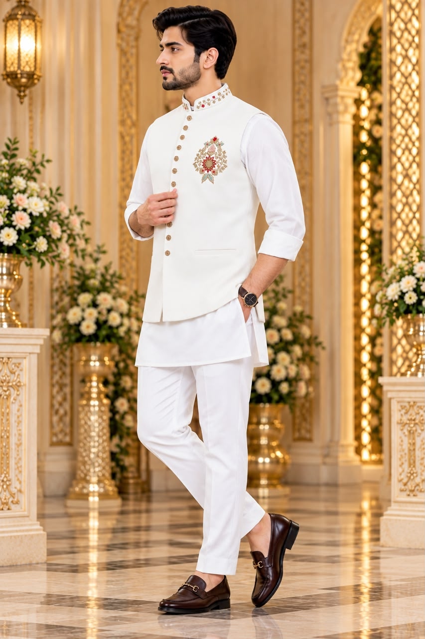 Ivory White Hand Designer Viscose Linen Kurta Pyjama