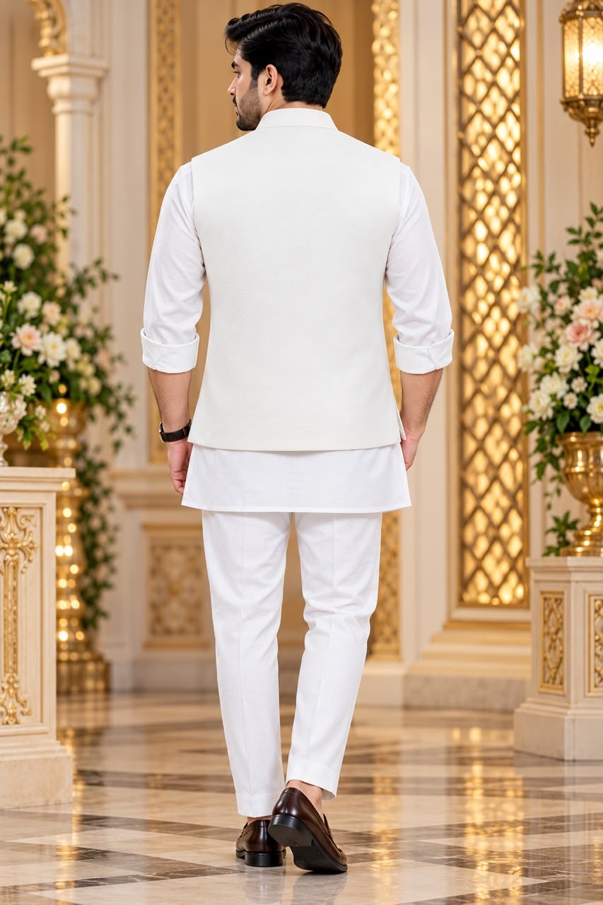 Ivory White Hand Designer Viscose Linen Kurta Pyjama — alternate view