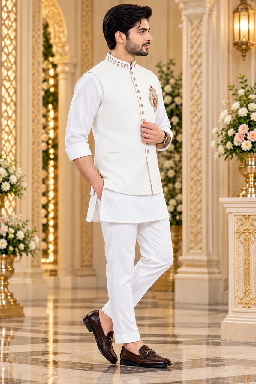 Ivory White Hand Designer Viscose Linen Kurta Pyjama