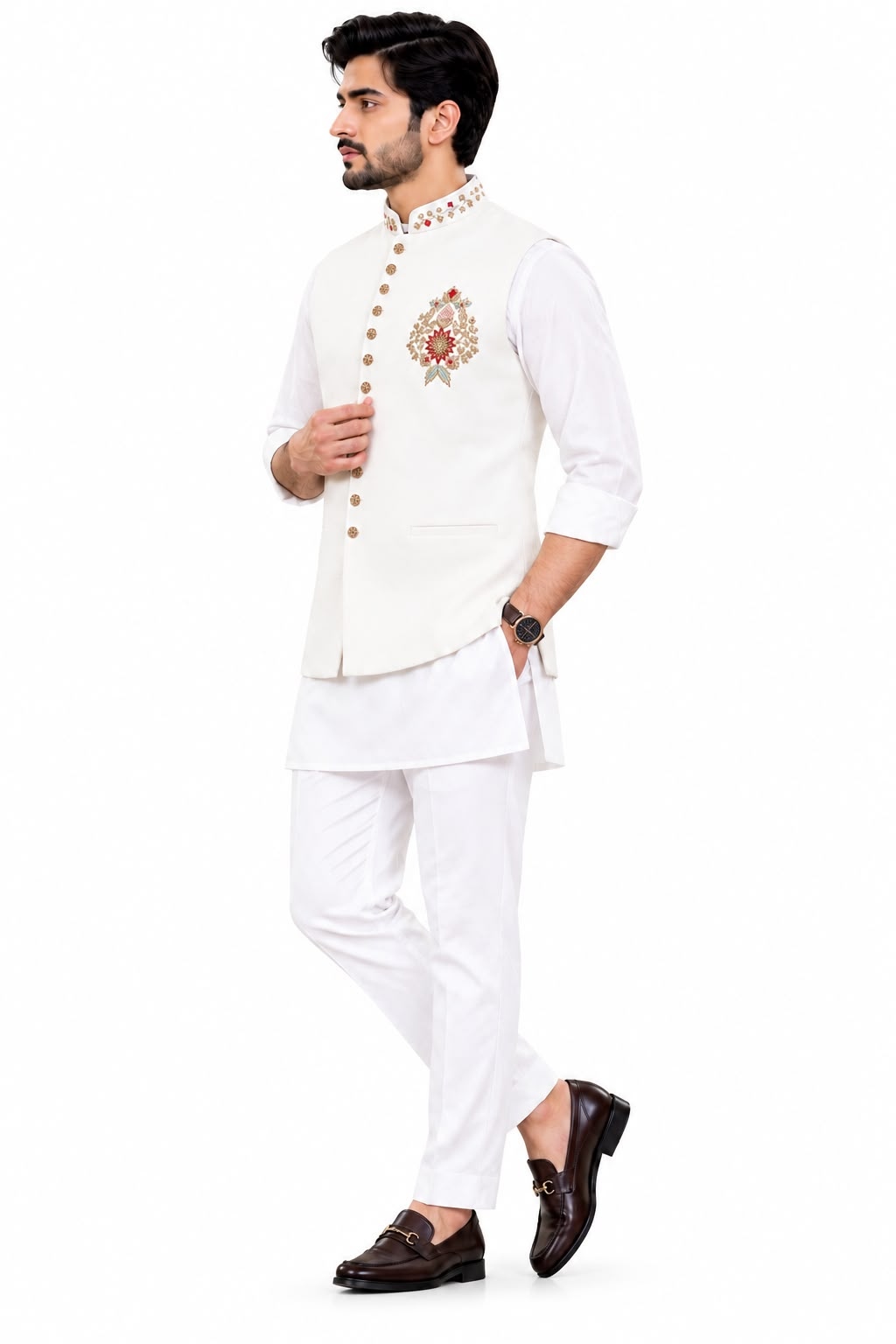 Ivory White Hand Designer Viscose Linen Kurta Pyjama