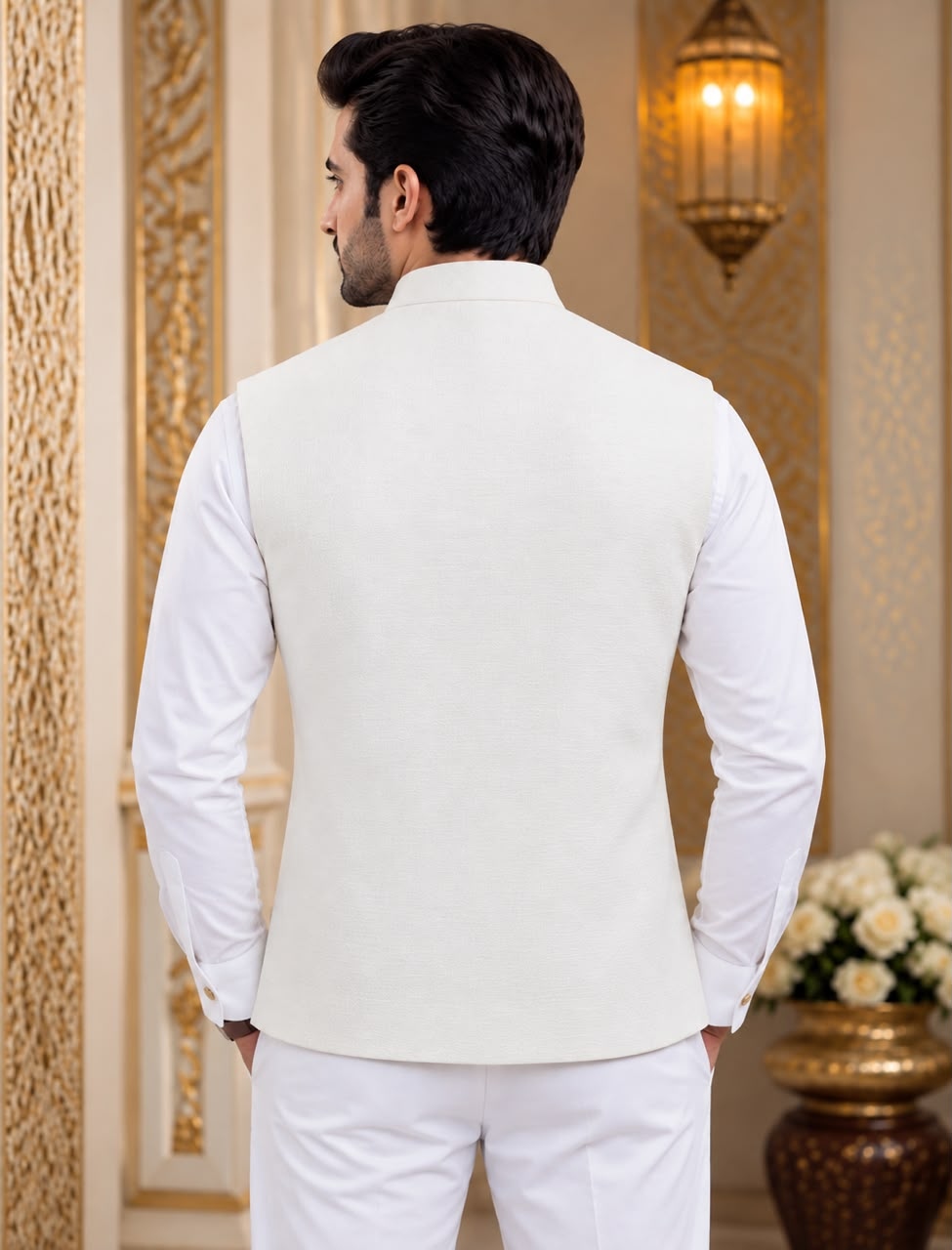 Ivory White Hand Designer Viscose Linen Shirt Pyjama — alternate view