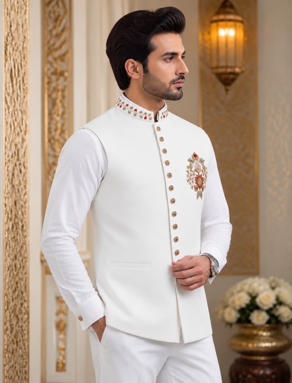 Ivory White Hand Designer Viscose Linen Shirt Pyjama