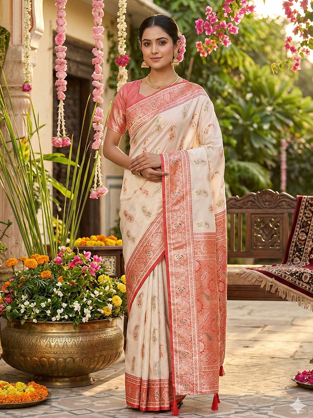 Ivory White Heritage Paisley Woven Silk Blend Saree