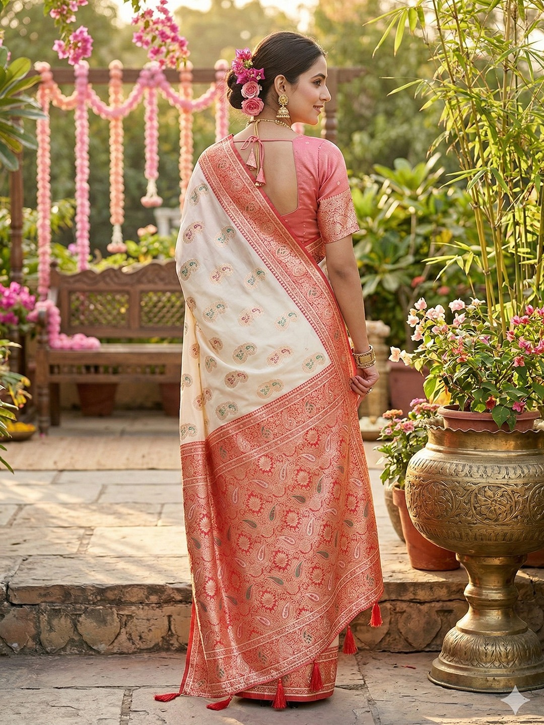 Ivory White Heritage Paisley Woven Silk Blend Saree — alternate view