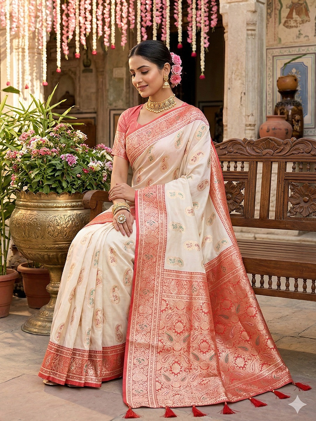Ivory White Heritage Paisley Woven Silk Blend Saree