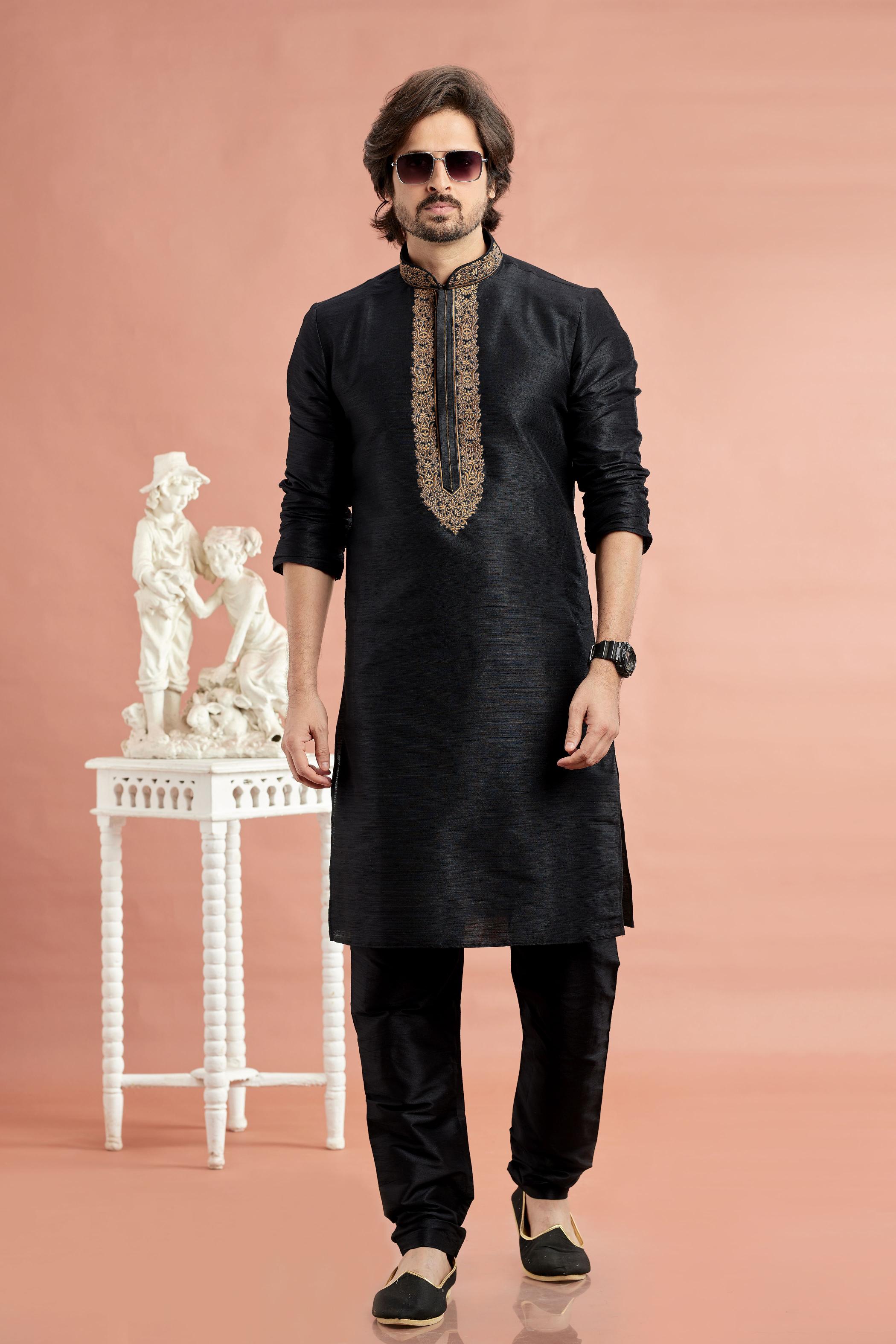 Jet Black Banarasi Silk Embroidered Kurta Pyjama