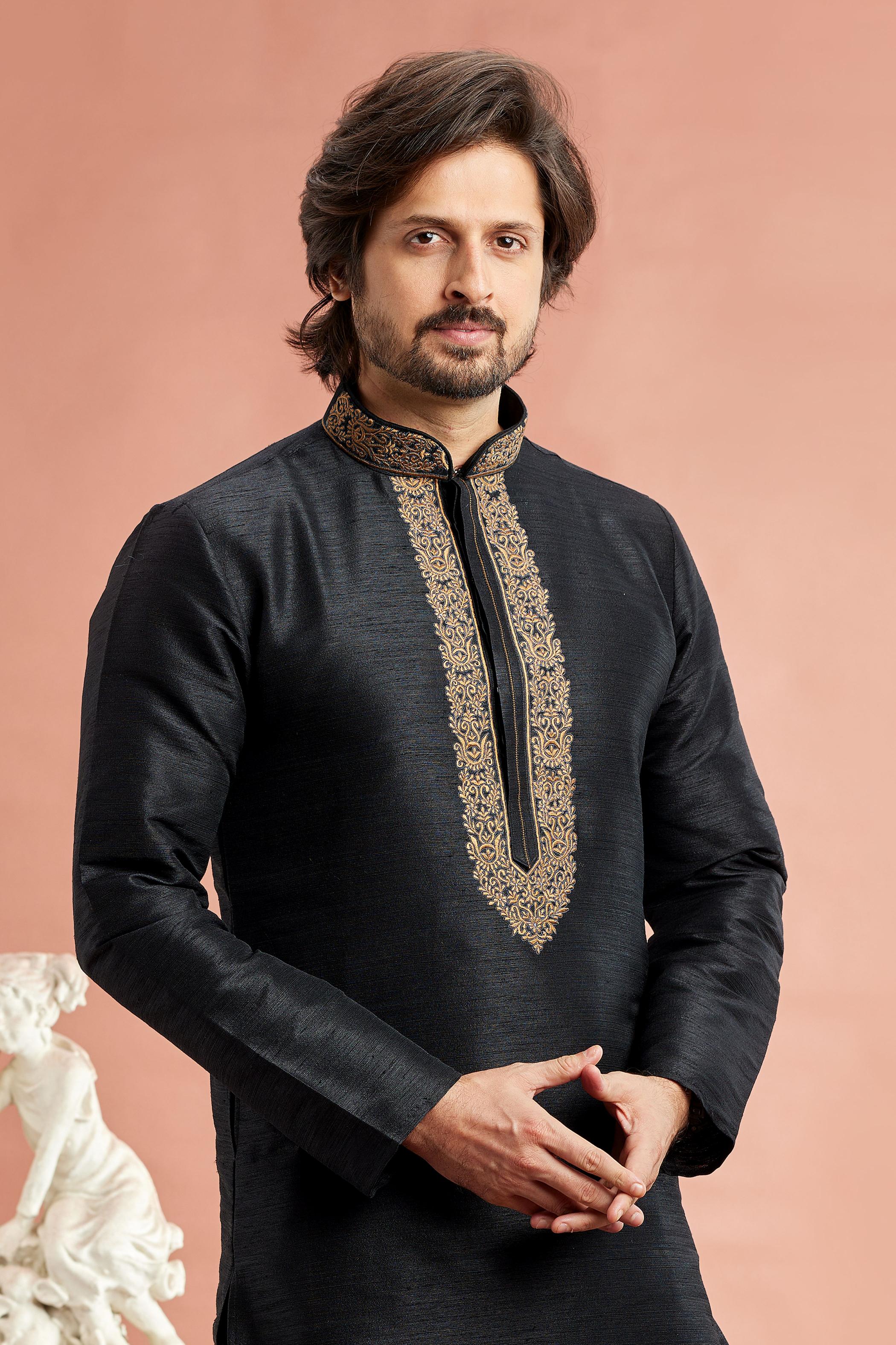 Jet Black Banarasi Silk Embroidered Kurta Pyjama