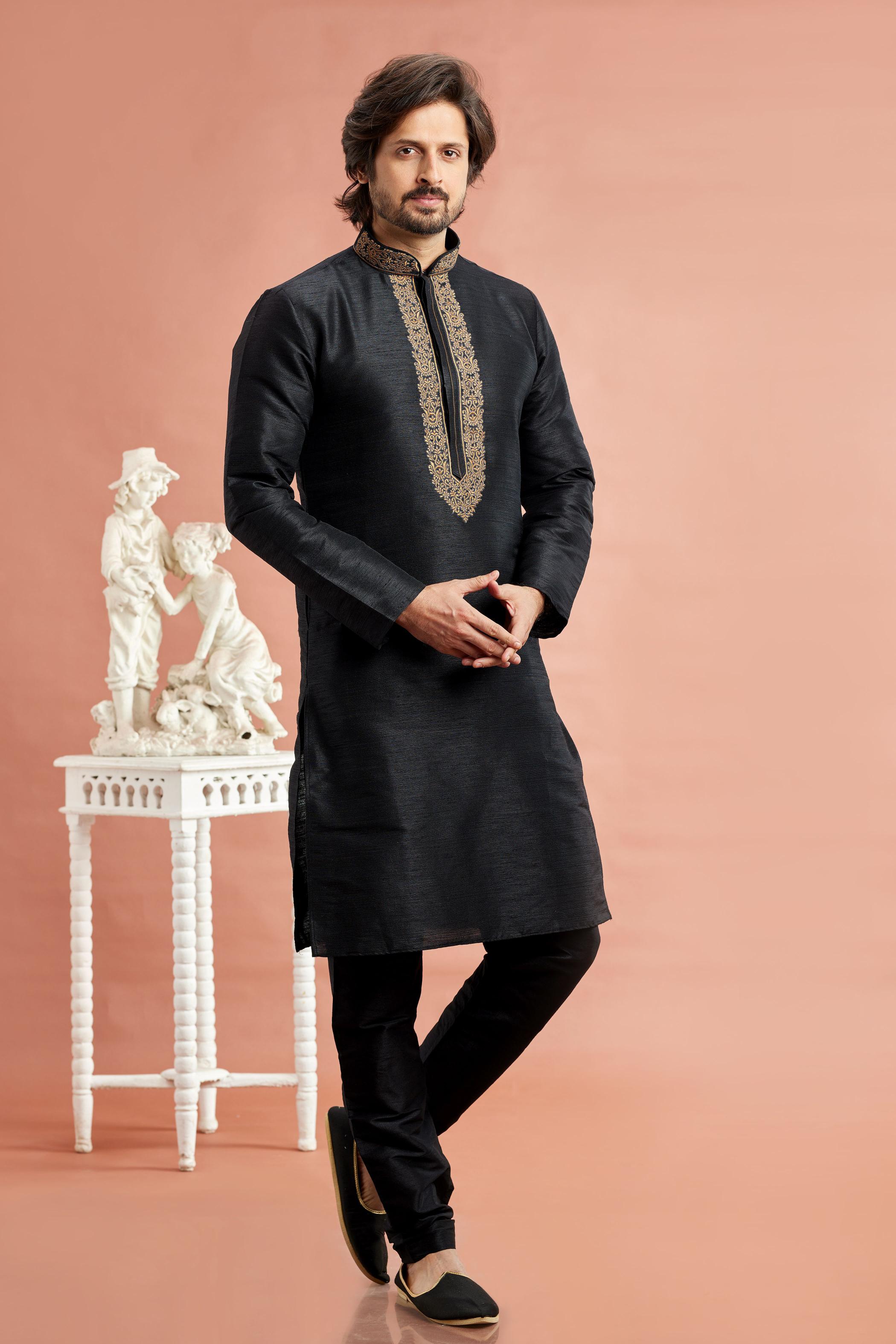 Jet Black Banarasi Silk Embroidered Kurta Pyjama
