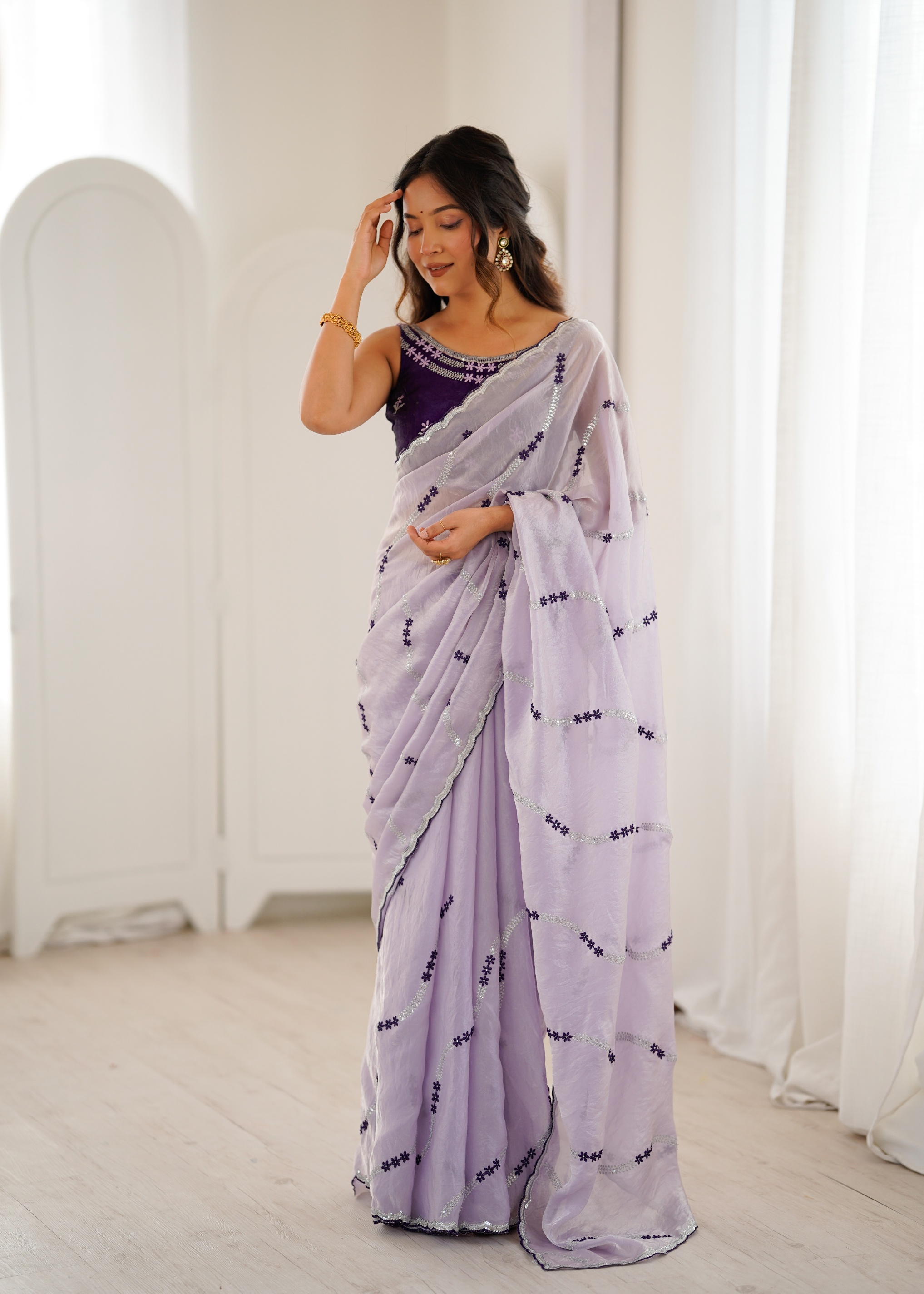 Lavender Abstract Embroidery Fendy Satin Saree