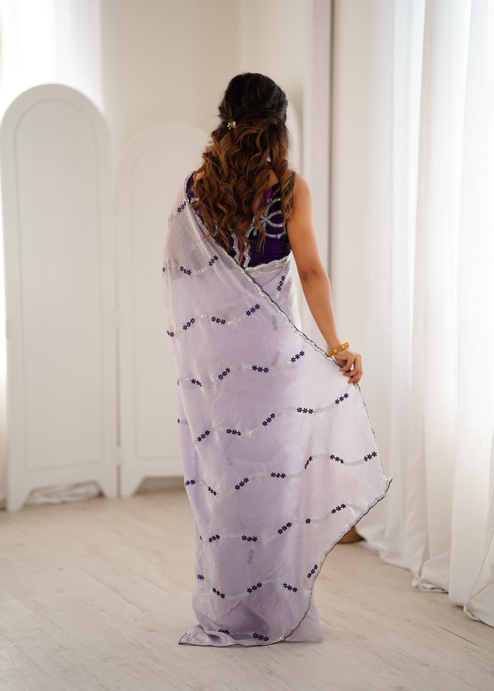 Lavender Abstract Embroidery Fendy Satin Saree — alternate view