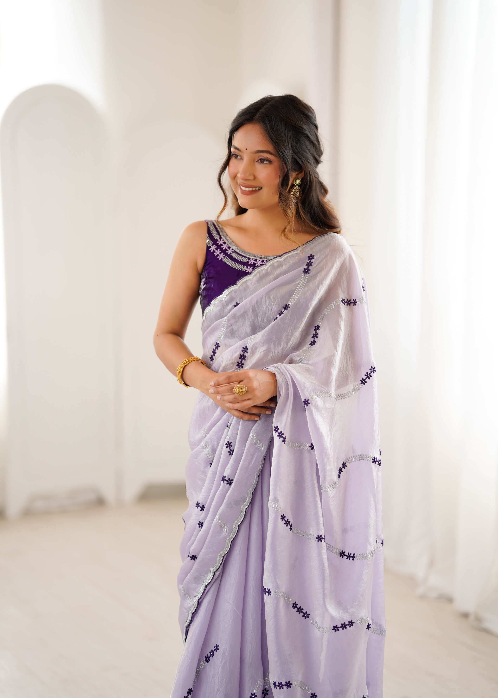Lavender Abstract Embroidery Fendy Satin Saree