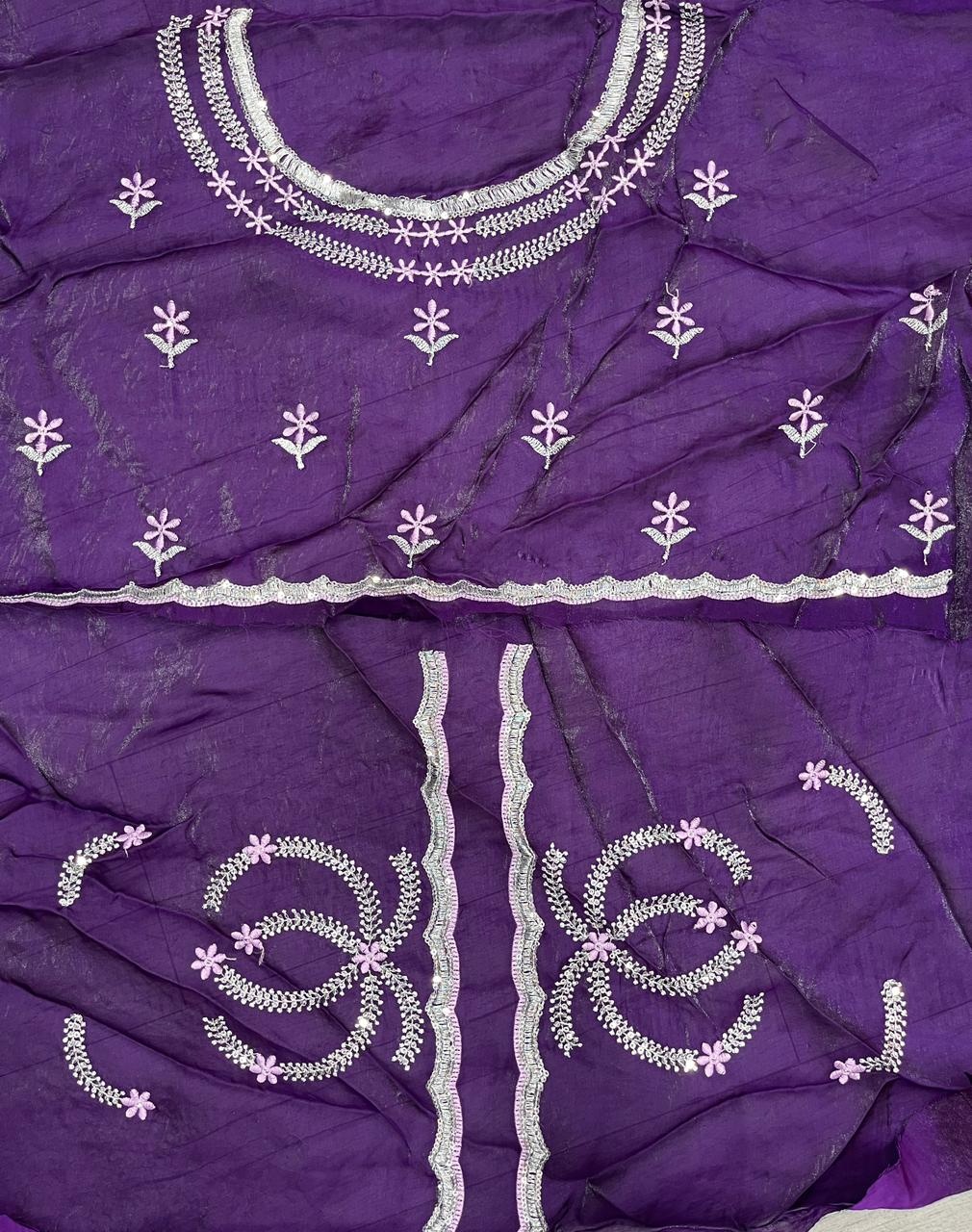 Lavender Abstract Embroidery Fendy Satin Saree