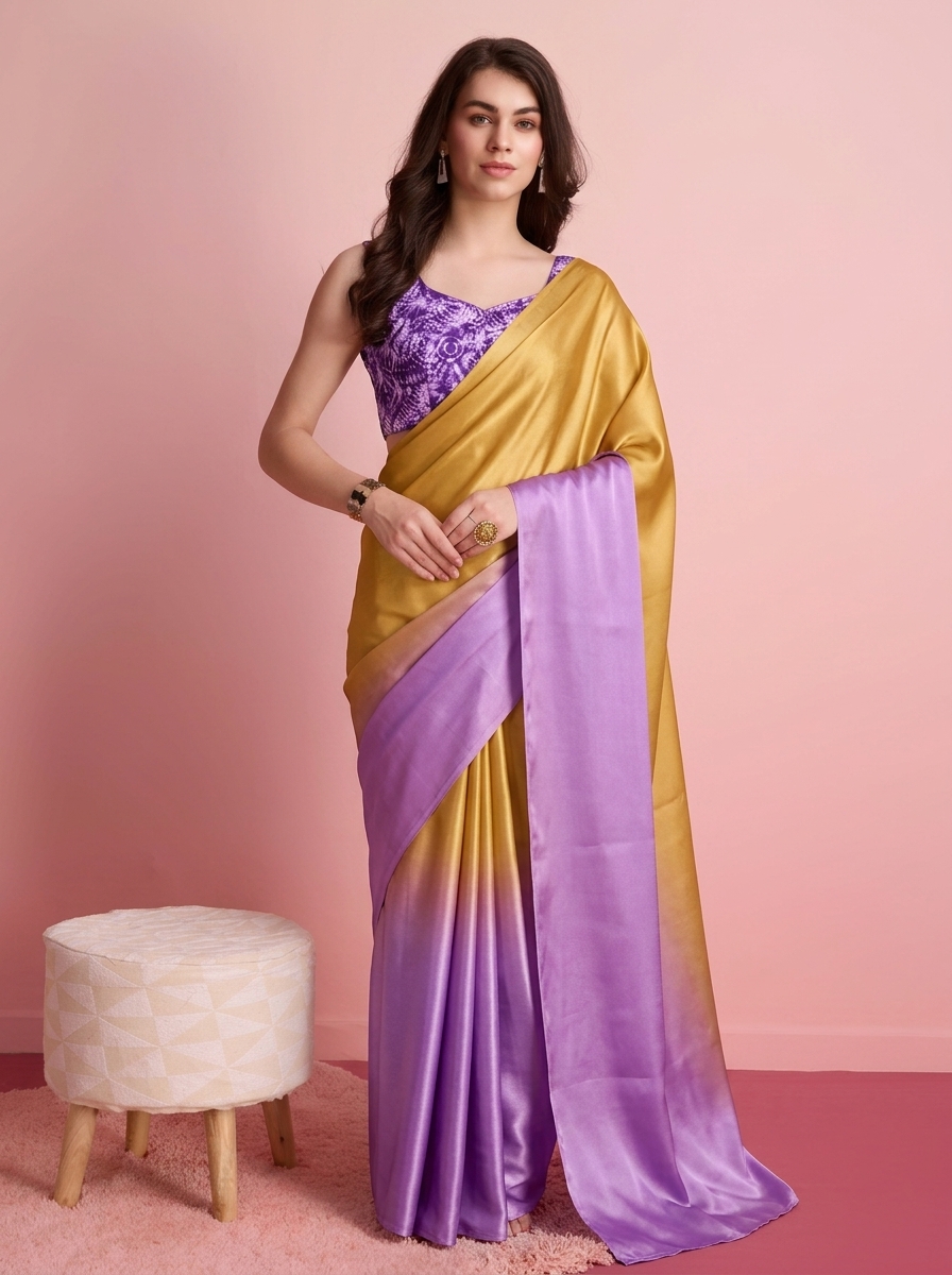 Lavender Abstract Floral Satin Ready To Wear Saree