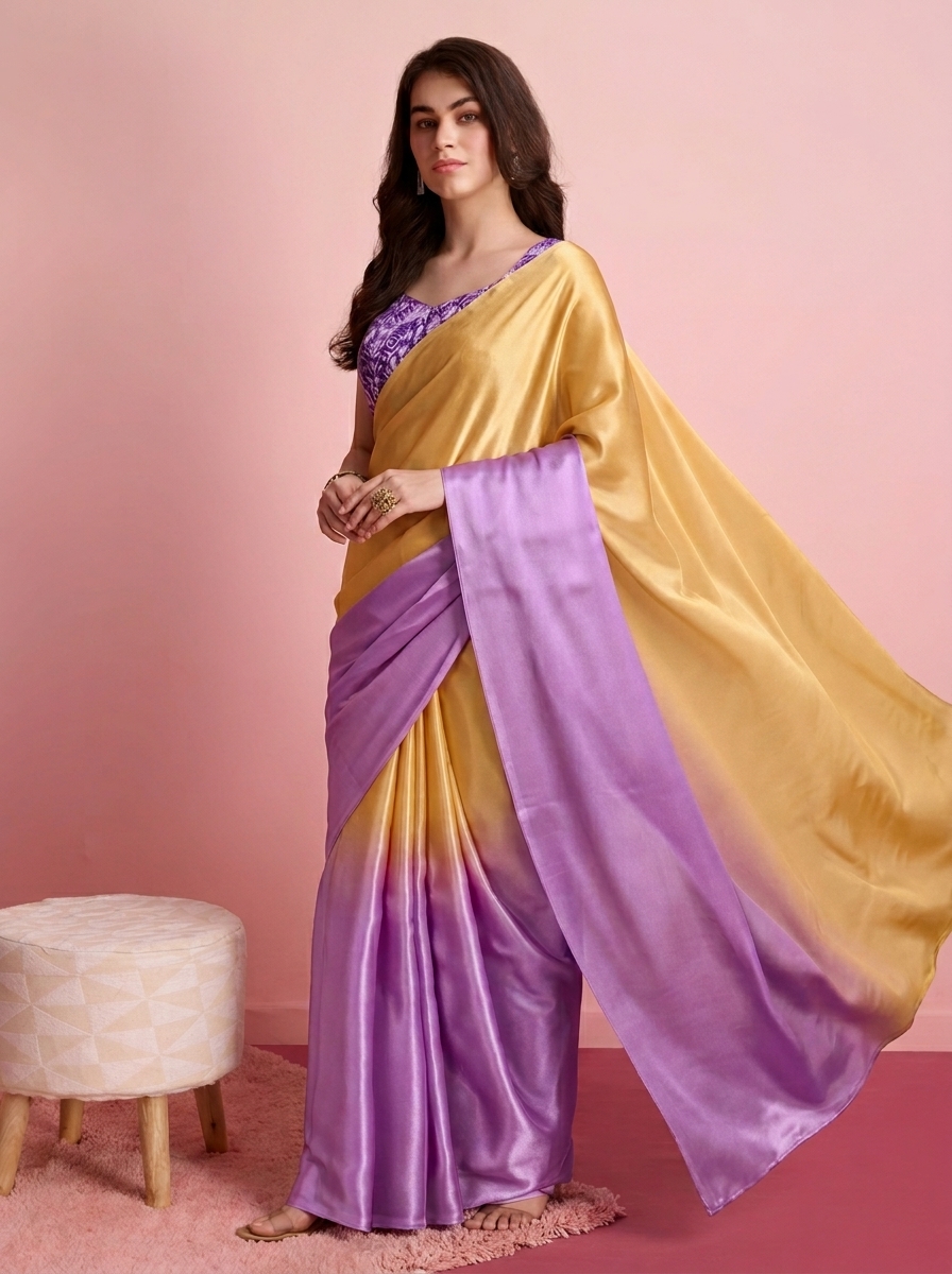 Lavender Abstract Floral Satin Ready To Wear Saree