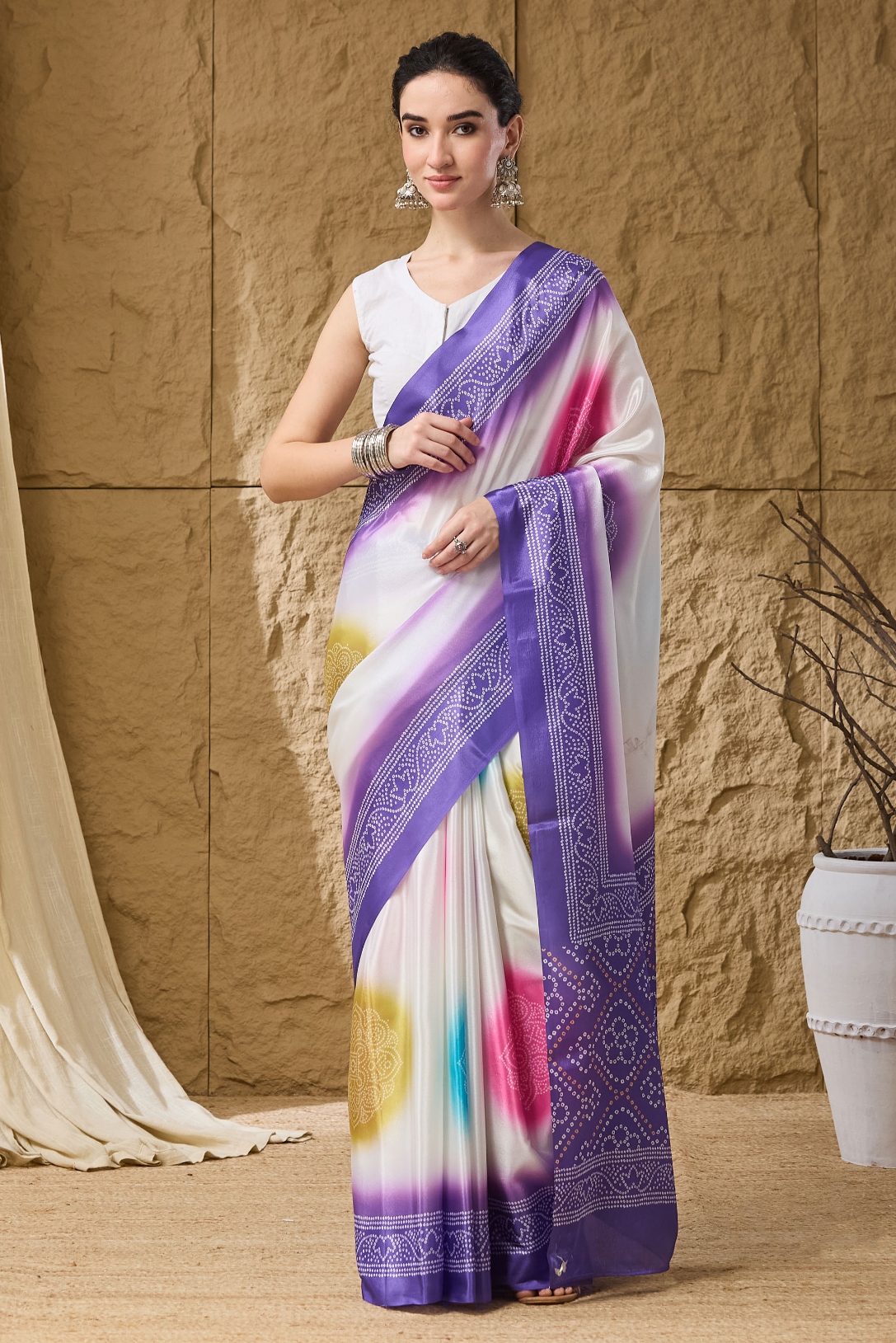 Lavender Bandhani Satin Round Neck Ready To Wear Saree