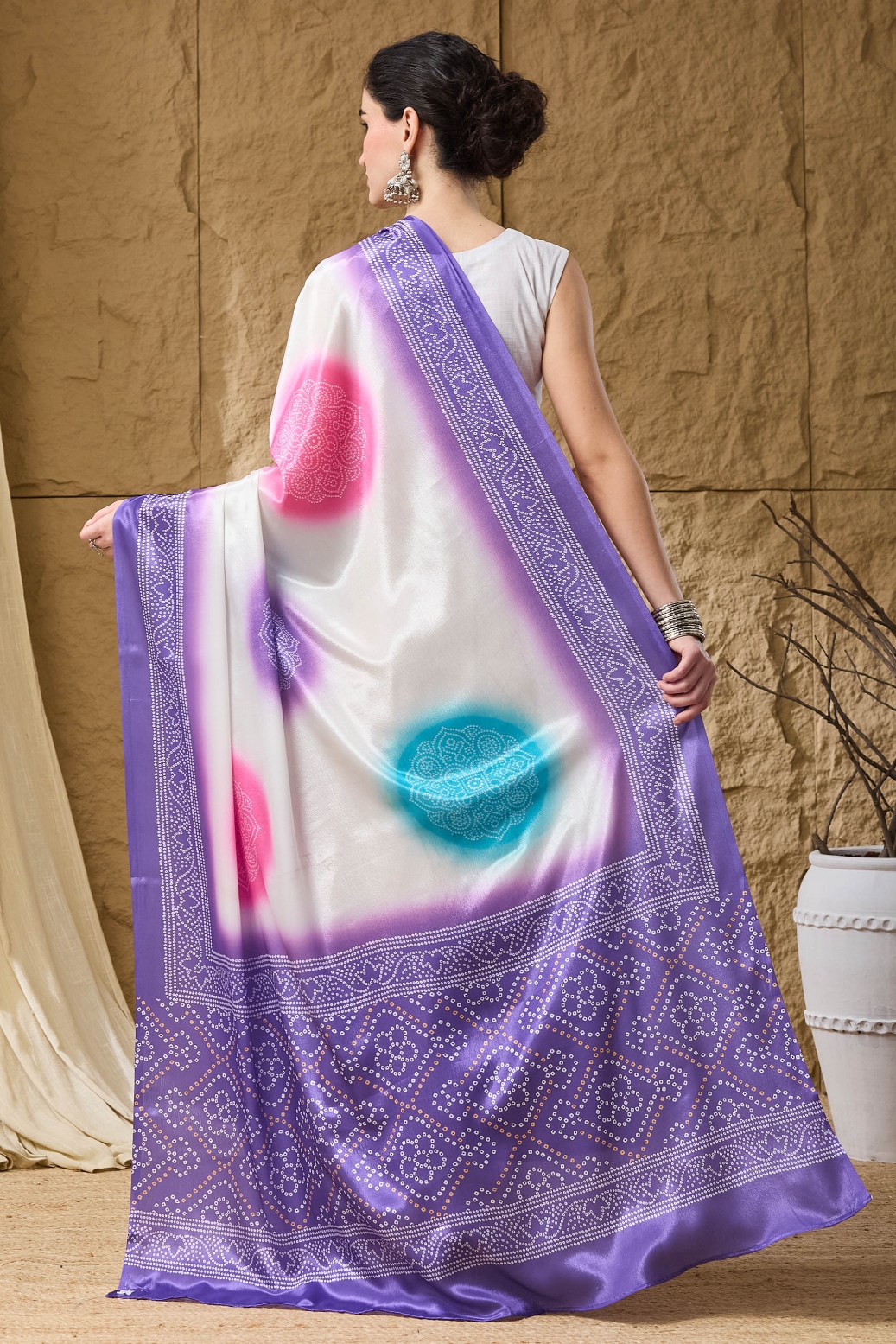 Lavender Bandhani Satin Round Neck Ready To Wear Saree — alternate view