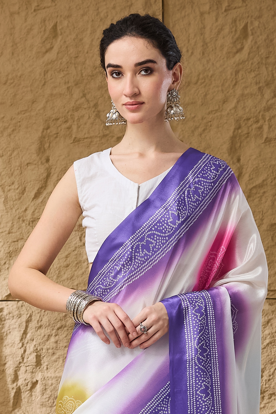 Lavender Bandhani Satin Round Neck Ready To Wear Saree
